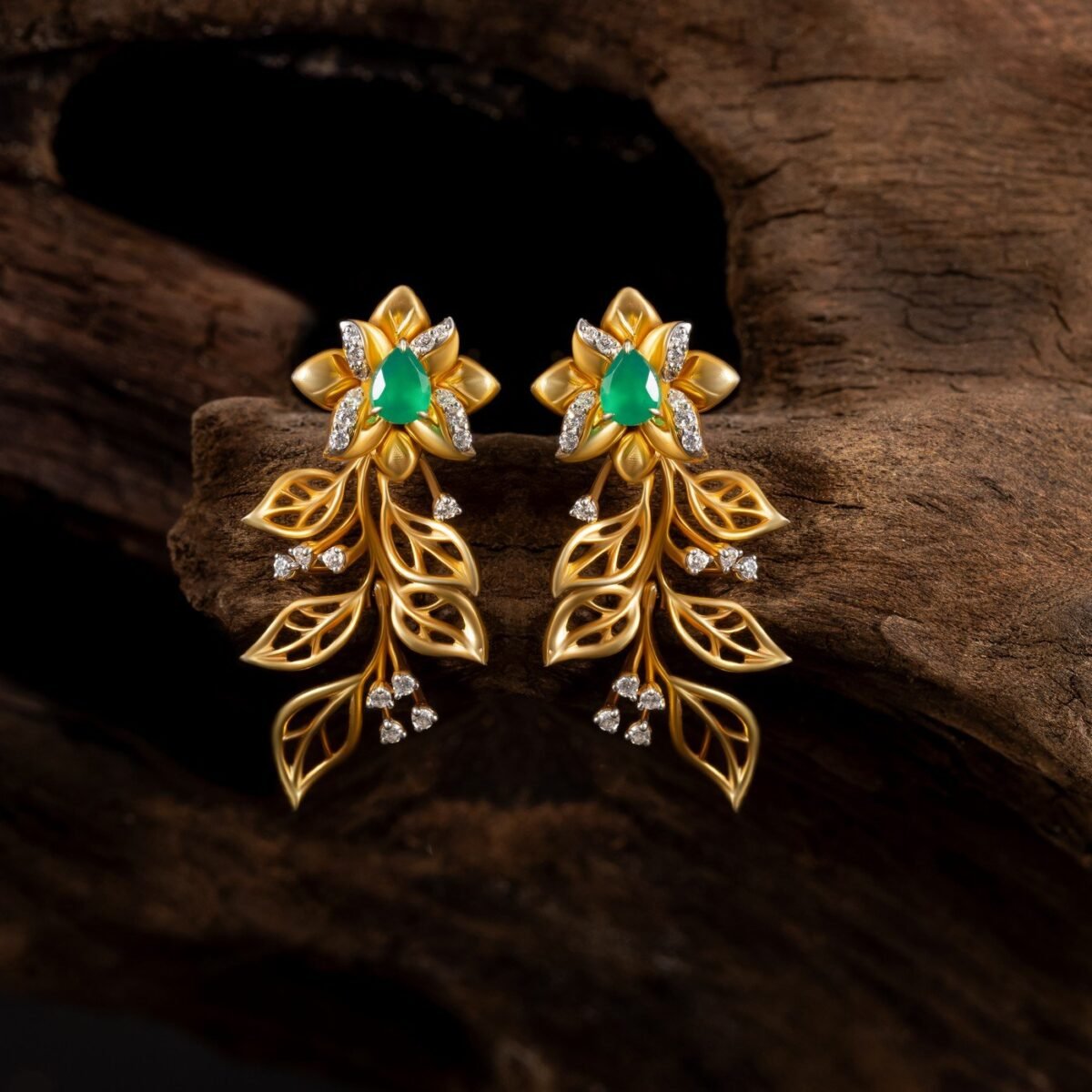 Ruvari Anvi Earrings – Gold Floral Drop Earrings with Emerald & Diamond Accents
