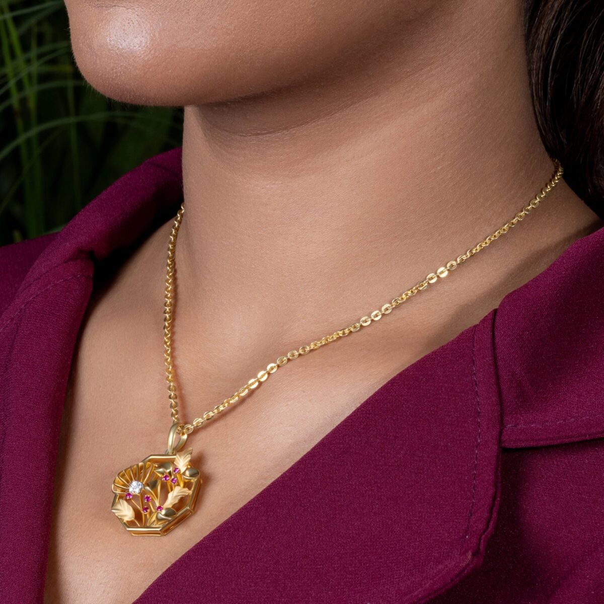 Ruvari Gulika Hex Pendant – Nature-Inspired  Gold Pendant with Ruby & Diamond Accents