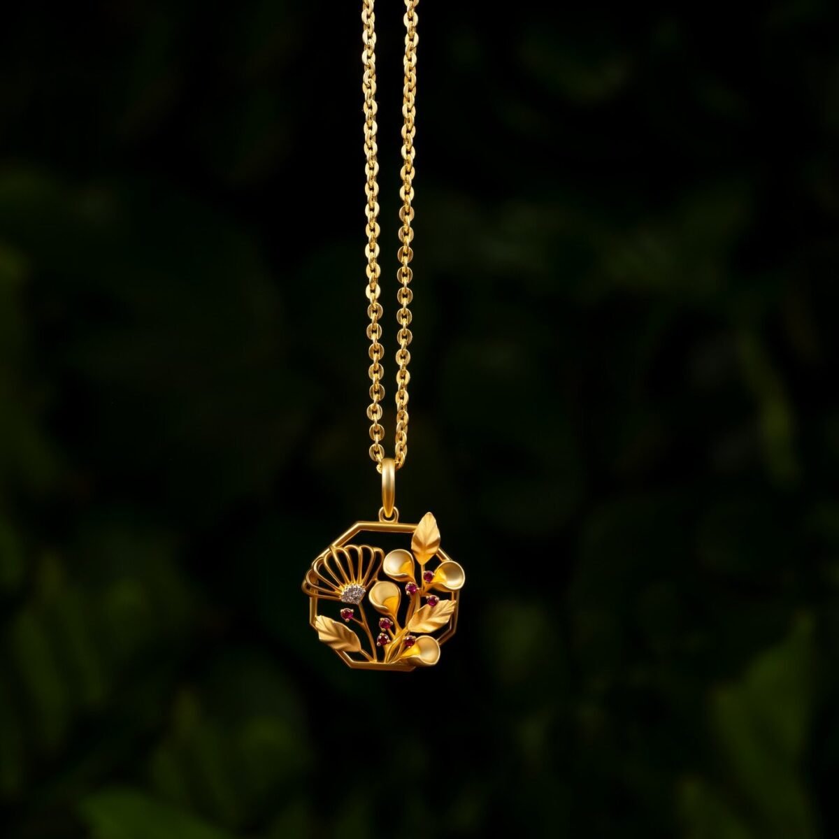 Ruvari Gulika Hex Pendant – Nature-Inspired  Gold Pendant with Ruby & Diamond Accents