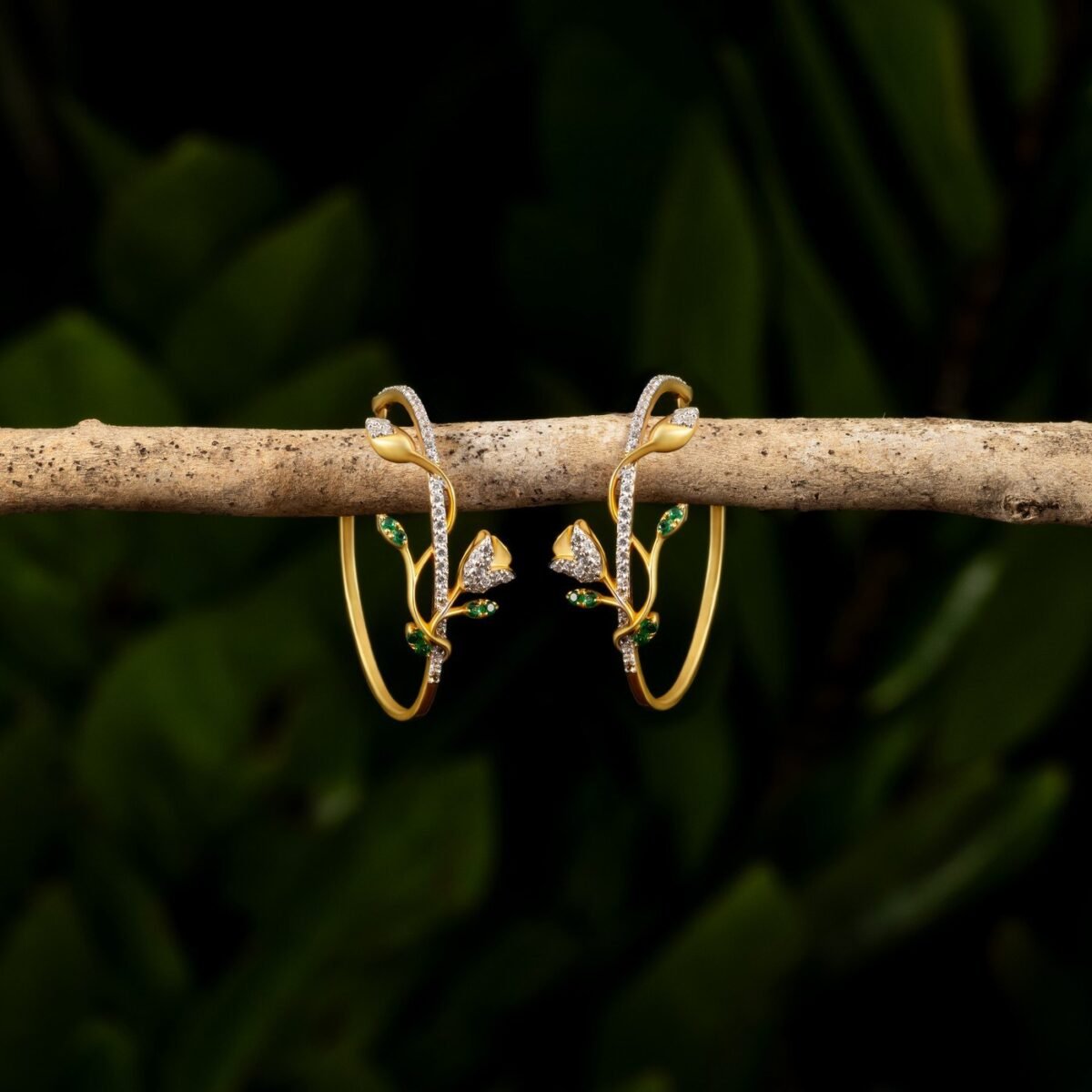 Ruvari Pushpavalli Hoops – Elegant Gold & Diamond Floral Hoop Earrings with Emerald Accents