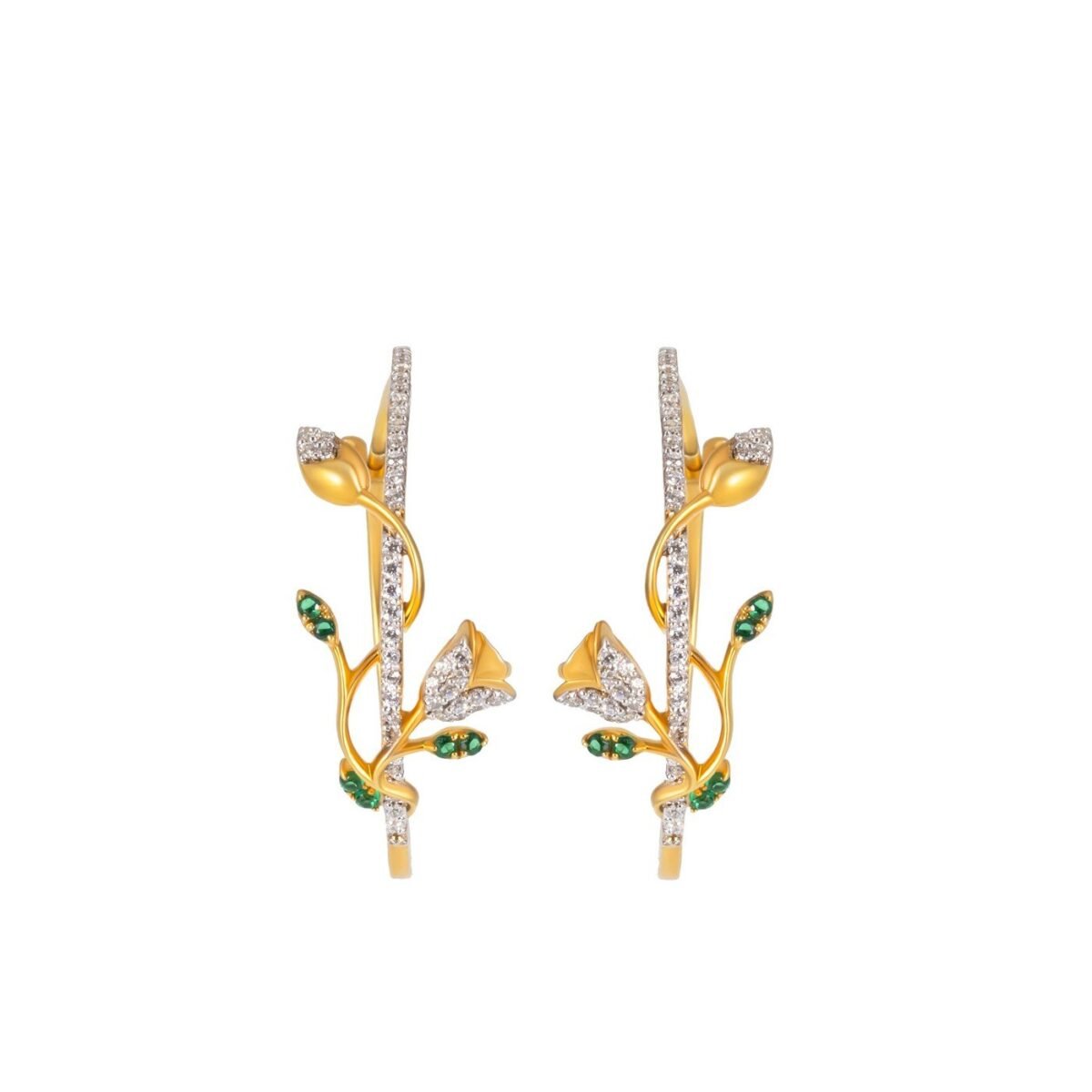 Ruvari Pushpavalli Hoops – Elegant Gold & Diamond Floral Hoop Earrings with Emerald Accents