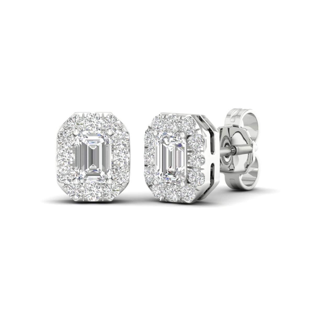 Ruvari Samriddhi – Emerald-Cut Diamond Earrings with a Regal Halo.