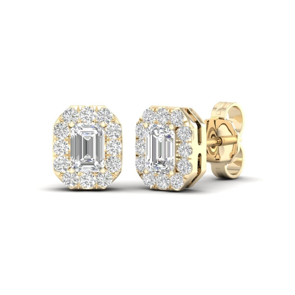 Ruvari Samriddhi – Emerald-Cut Diamond Earrings with a Regal Halo.