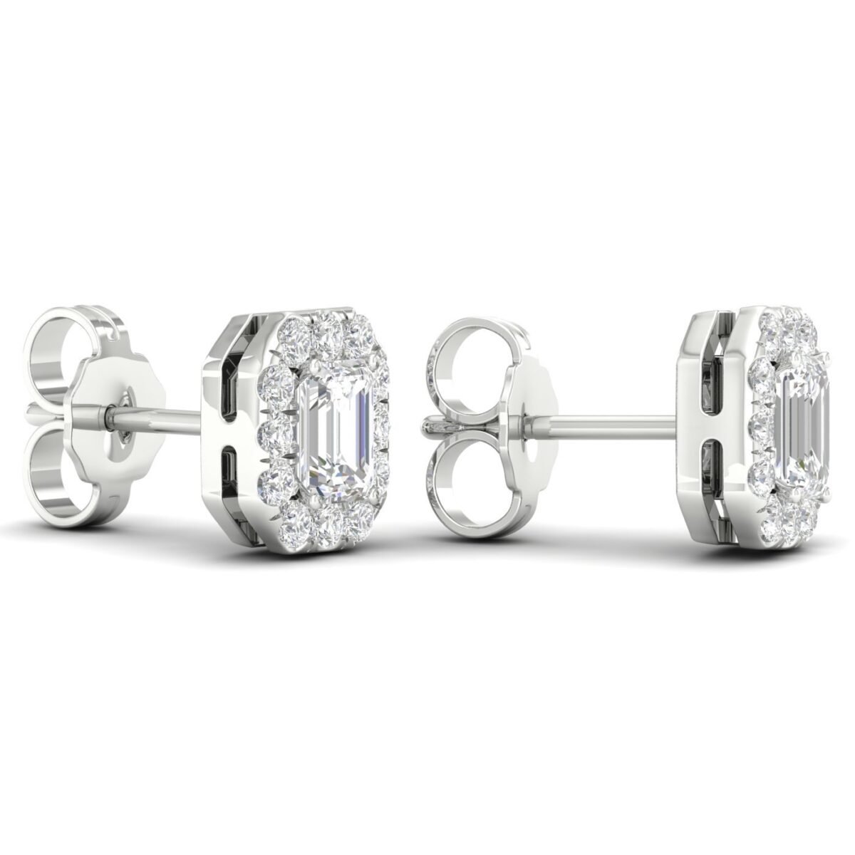 Ruvari Samriddhi – Emerald-Cut Diamond Earrings with a Regal Halo.