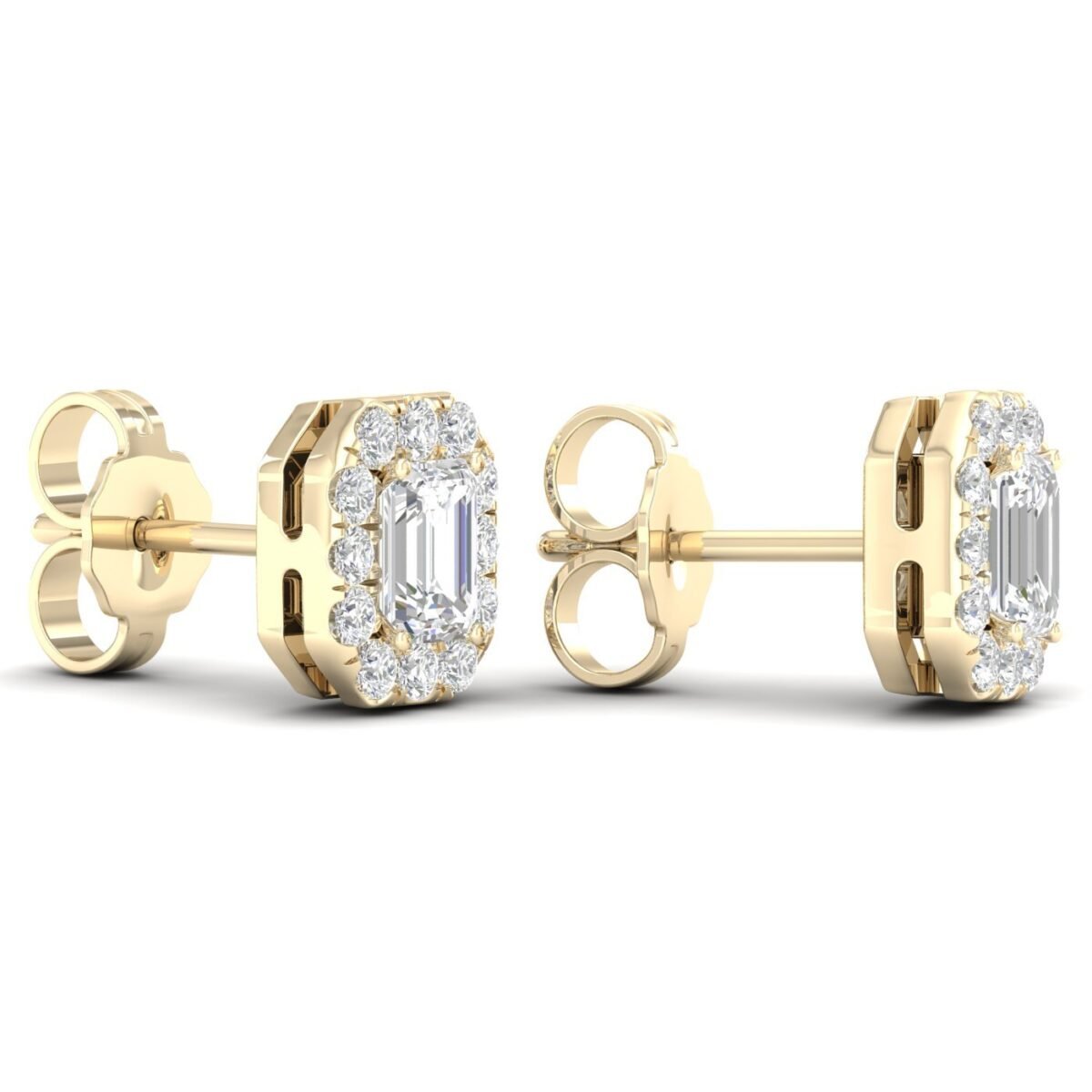 Ruvari Samriddhi – Emerald-Cut Diamond Earrings with a Regal Halo.