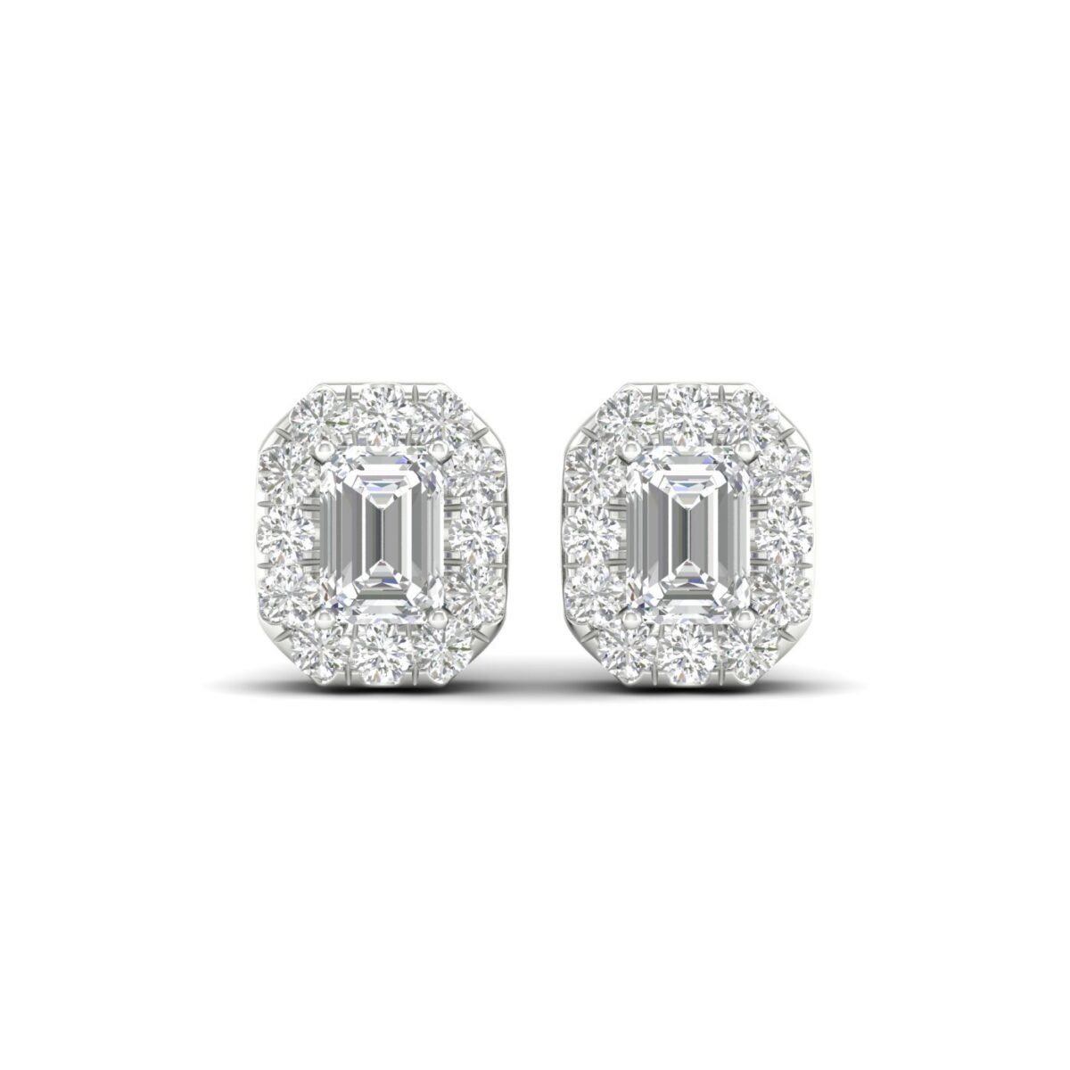 Ruvari Samriddhi – Emerald-Cut Diamond Earrings with a Regal Halo.