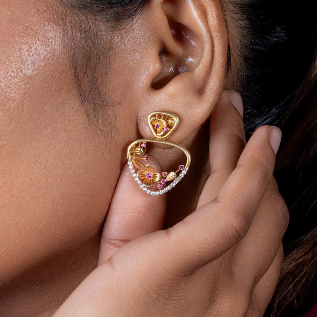 Ruvari Manika Earrings – Exquisite Gold Floral Earrings with Ruby and Diamond Accents