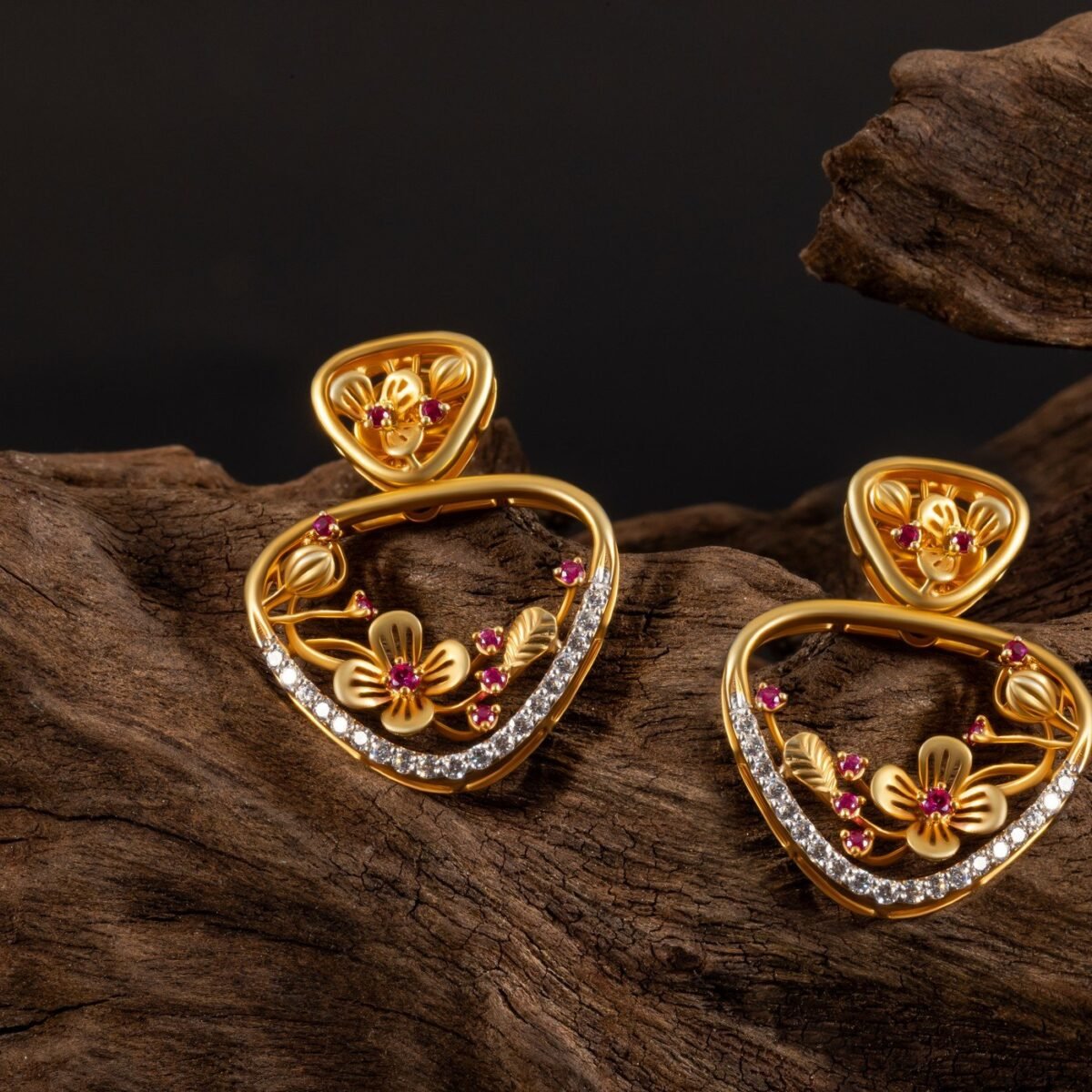 Ruvari Manika Earrings – Exquisite Gold Floral Earrings with Ruby and Diamond Accents